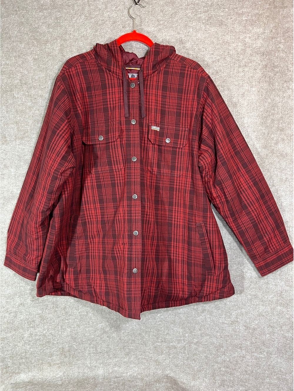 Ariat Shacket Women 2X Red Black Plaid Hooded Quilted Lined Jacket